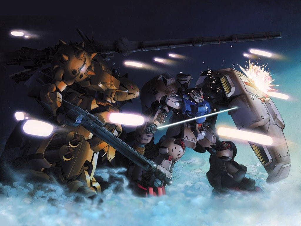 Mobile Suit Gundam 0083 RX78GP01Fb vs Dom Tropen intense mecha combat digital wallpaper