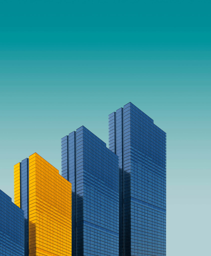 Modern 3D City Skyline Wallpaper with Gradient Sky and Golden Accent