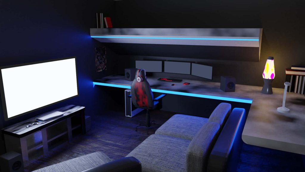 Modern 3D gaming room with triple monitors red chair blue LED lighting lava lamp and sofa Wallpaper