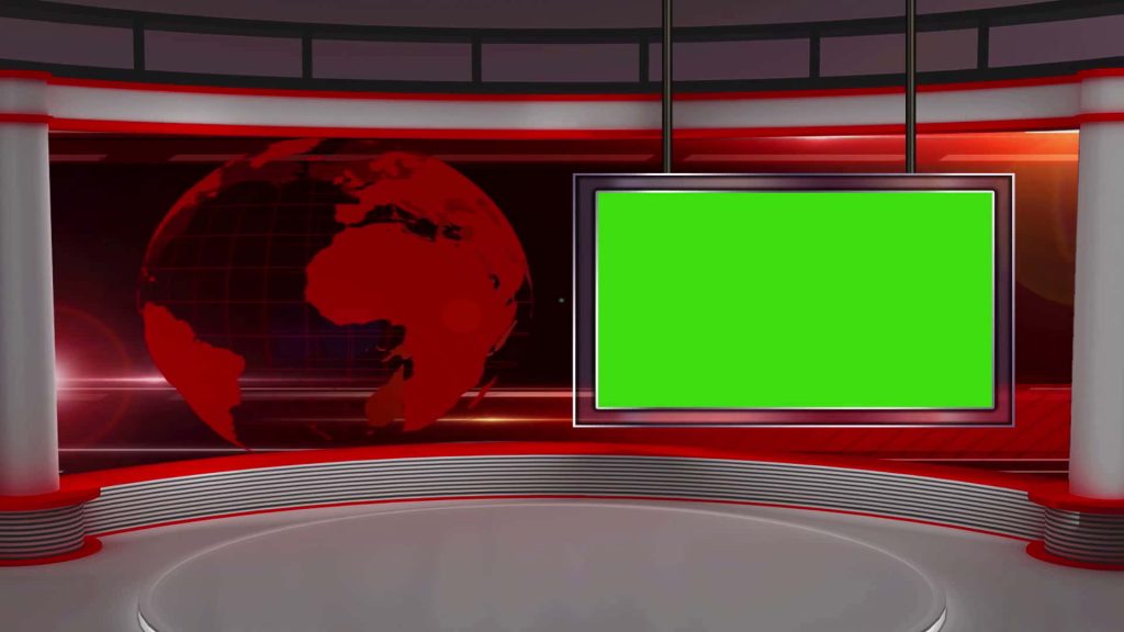 Bright modern news studio 3D background with sleek curved stage and central green chroma key monitor Wallpaper