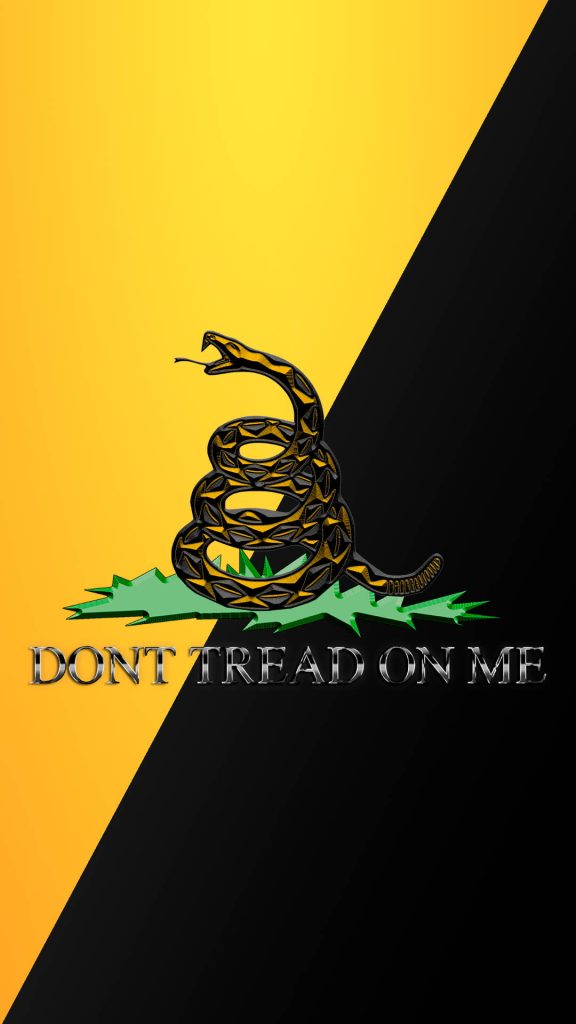 3D rattlesnake coiled on grass with bold yellow black Gadsden flag and metallic Dont Tread On Me text Wallpaper