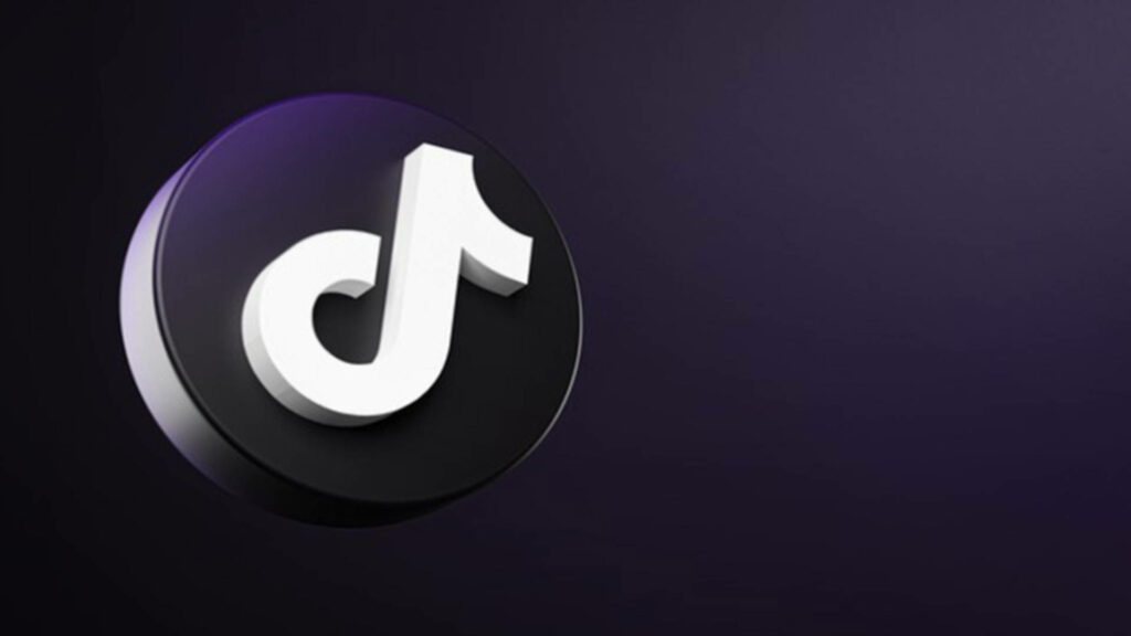 3D TikTok logo in circular button on dark purple gradient background modern wallpaper design