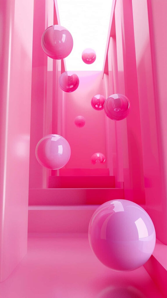 Futuristic 3D Wallpaper: Pink Spheres on Minimalist Staircase Background