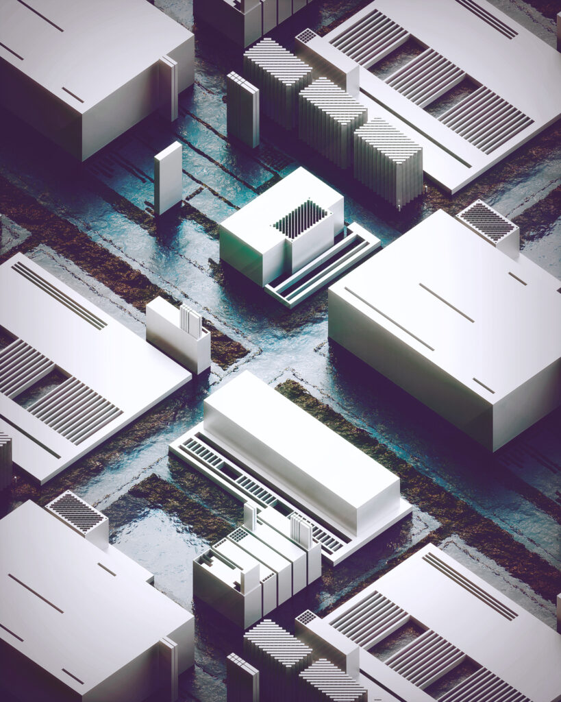 Monochromatic 3D Wallpaper: Abstract Geometric Cityscape Design