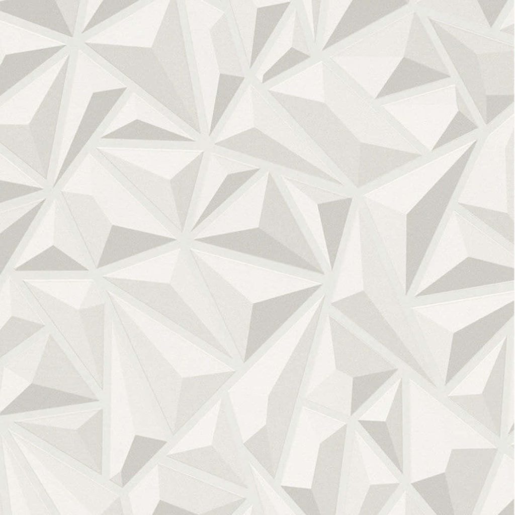 Modern 3D white geometric wallpaper with faceted triangles and soft lighting for minimalist decor
