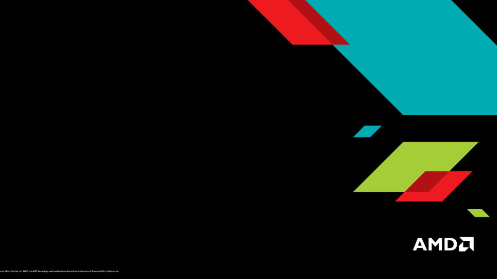 4K AMD logo wallpaper with bold red turquoise green geometric shapes on black background