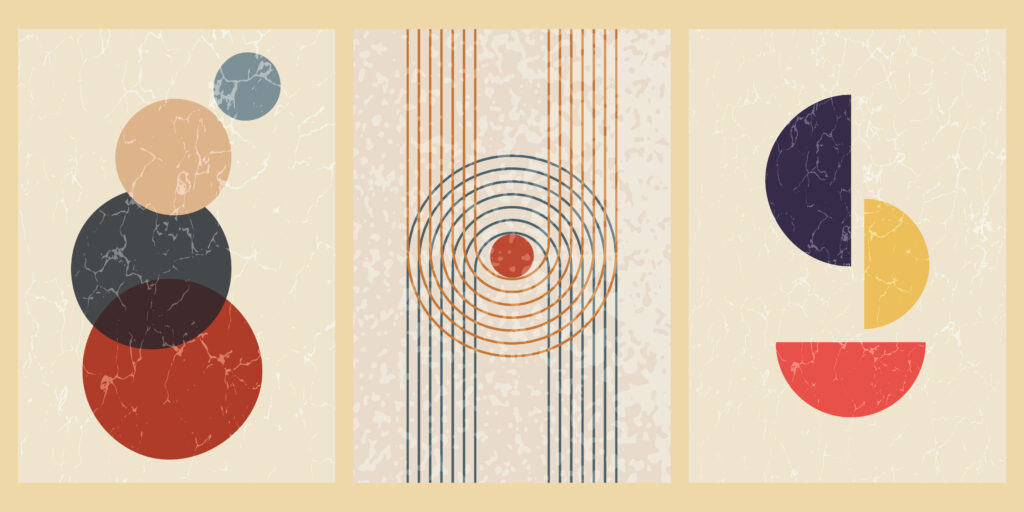 Abstract modern desktop wallpaper with overlapping circles geometric shapes earthy tones textured background
