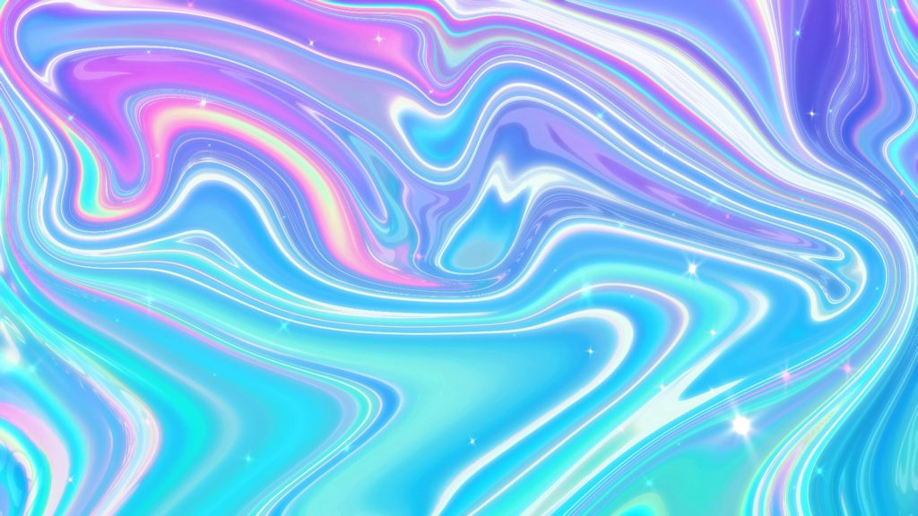 Abstract holographic wallpaper with swirling blue teal pink waves and glowing star sparkles