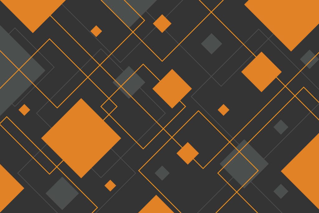 Modern abstract wallpaper with vibrant orange squares and geometric lines on dark background