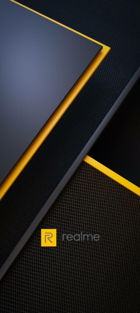 Minimalistic Energy: A Modern Abstract Realme Logo on Yellow, Black, and Gray Wallpaper