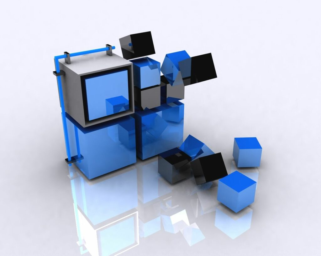 Modern Abstract Wallpaper: Blue & Black Floating Cubes on White