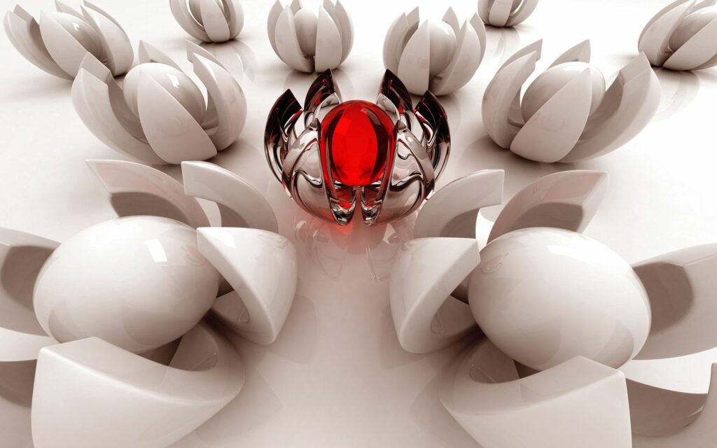 Modern Abstract Wallpaper: Red Sphere & Glossy White Shapes