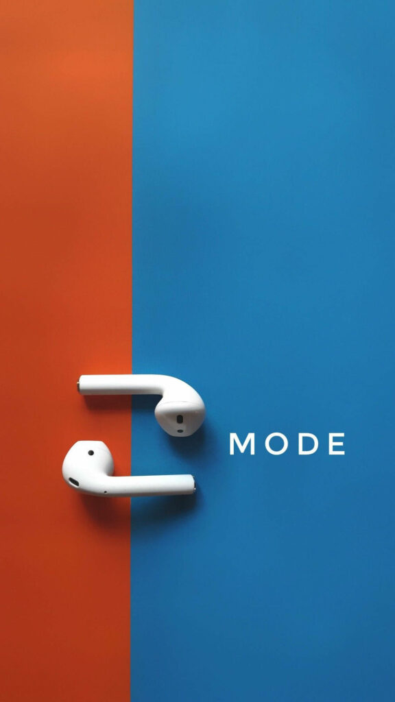 AirPods on split orange blue background with MODE text modern stylish music wallpaper