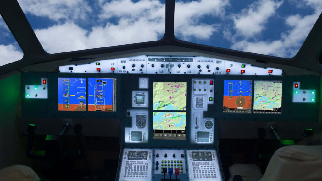 Modern airplane cockpit with digital displays and navigation maps under blue sky and clouds Wallpaper