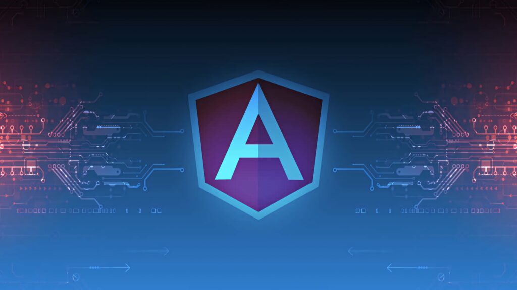 Modern Angular Course logo on digital circuit background technology design wallpaper