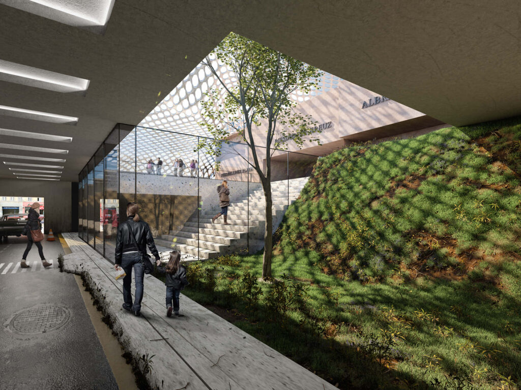 Modern Architectural Atrium with Hexagonal Lattice & Family Stroll Wallpaper