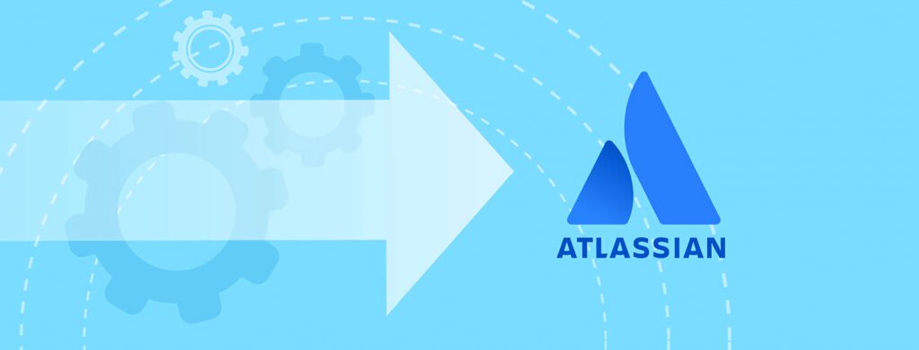 Modern Atlassian wallpaper with bold logo light blue background gears white arrows technology progress