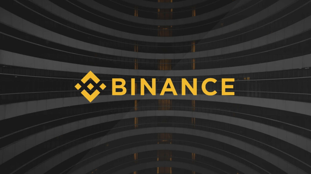 Yellow Binance logo and text on dark curved architectural lines modern crypto wallpaper background