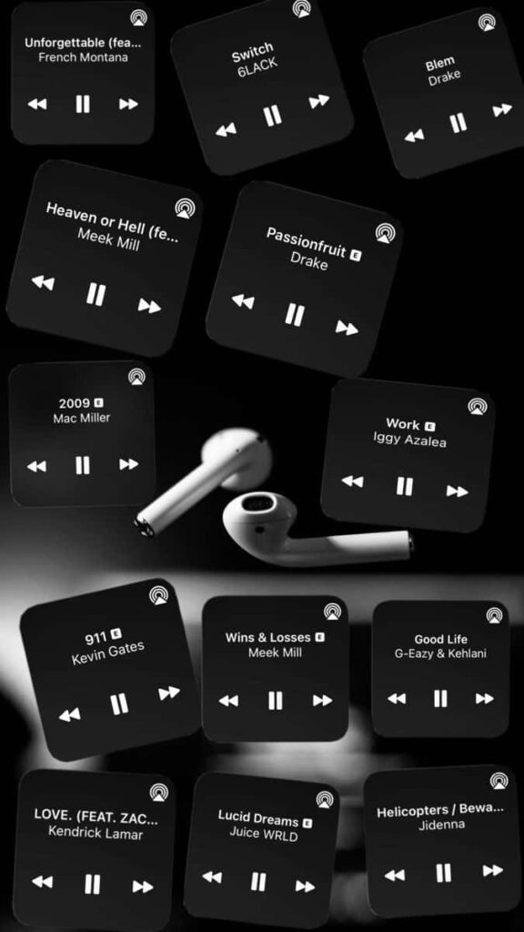 Stylish Black Wallpaper with Music Interface and AirPods Design