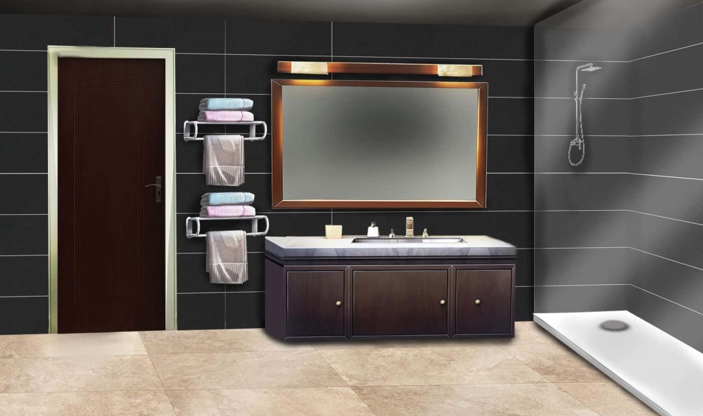Modern black bathroom with dark wood vanity glowing mirror chrome racks and warm lighting Wallpaper