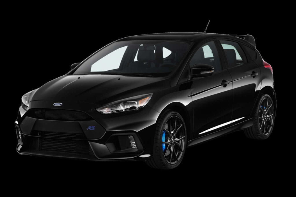 Black Ford Focus RS front view showcasing sporty design and sharp lines on white background Wallpaper