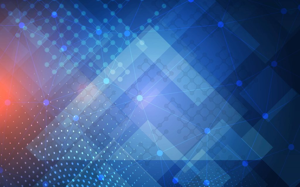 Blue abstract wallpaper with glowing geometric squares and connected network nodes design