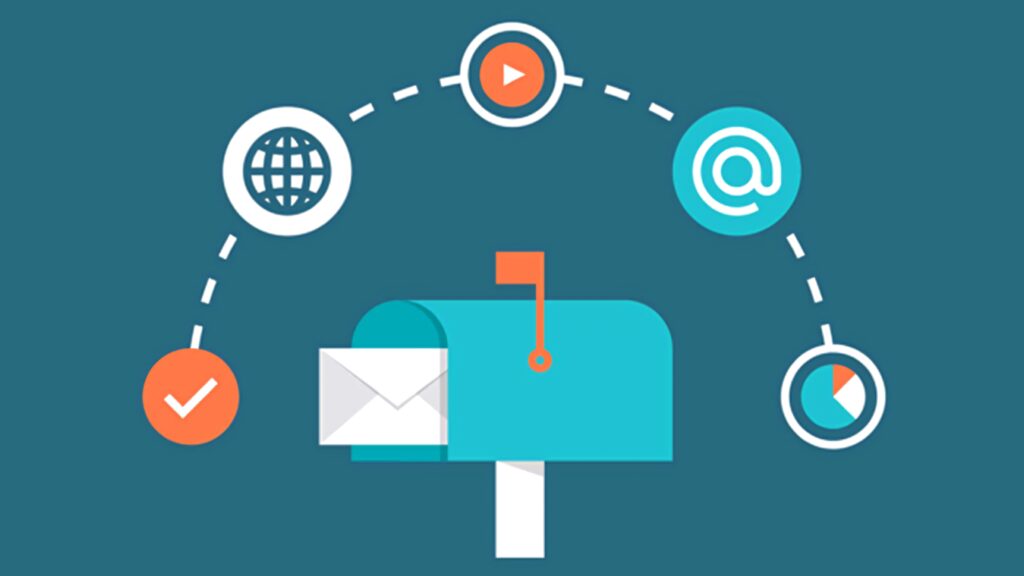 Modern blue digital mailbox with envelope and vibrant tech icons on sleek teal background wallpaper