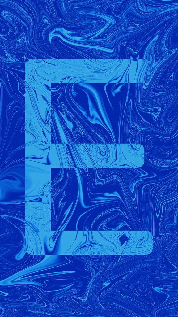 Modern letter E wallpaper with blue marble abstract swirls vibrant azure navy background