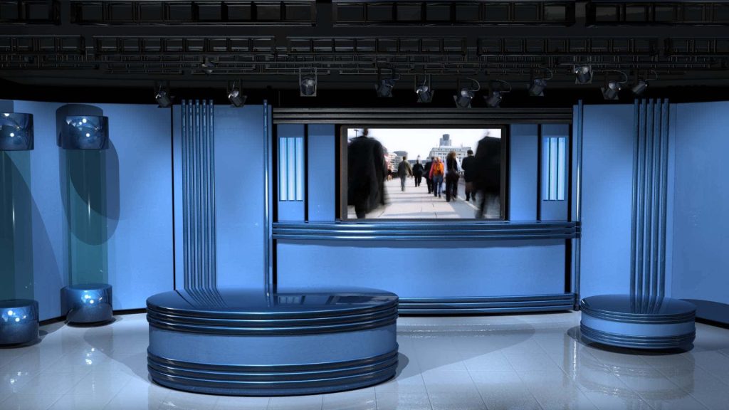 Modern news studio with vibrant blue tones polished desk and cityscape background screen Wallpaper