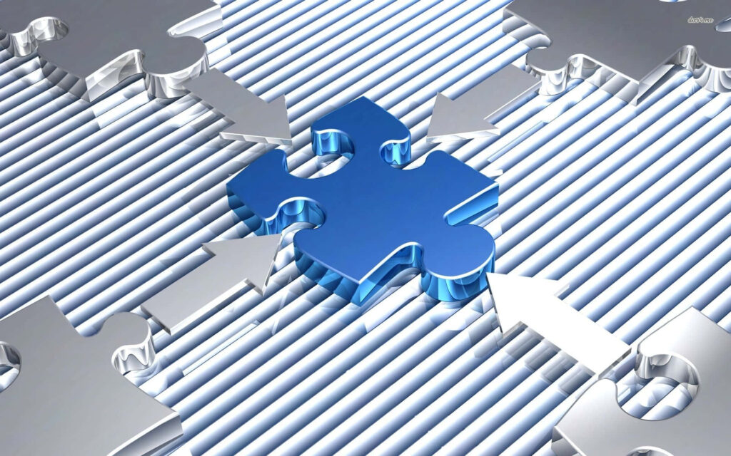 Blue Puzzle Piece Aligned by Arrows in Modern Striped Background Wallpaper