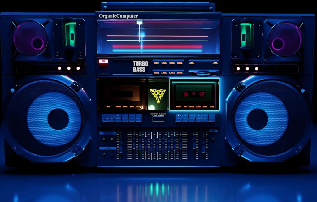 Modern boombox with vibrant blue neon lights retro stereo speakers cassette decks wallpaper