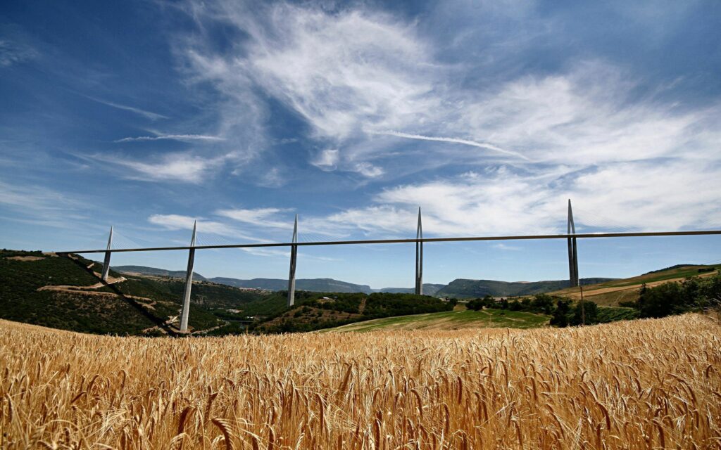 Modern bridge over golden rye and wheat fields in rural France under bright blue sky wallpaper