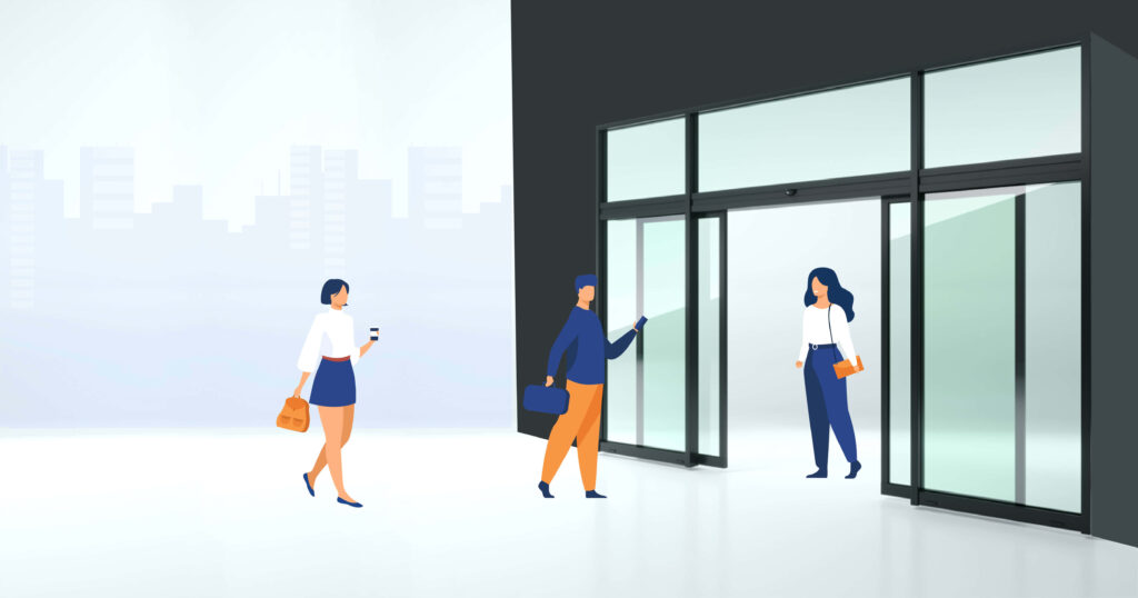 Modern Building Entrance Wallpaper with Stylish Commuters