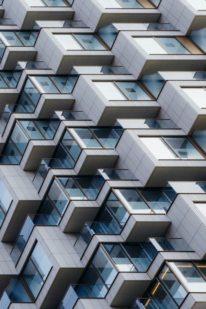 Modern Building Façade Wallpaper with Geometric Design & Balconies