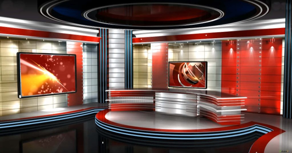 Modern CGI news studio set with curved desk red white panels and high-tech display screens Wallpaper