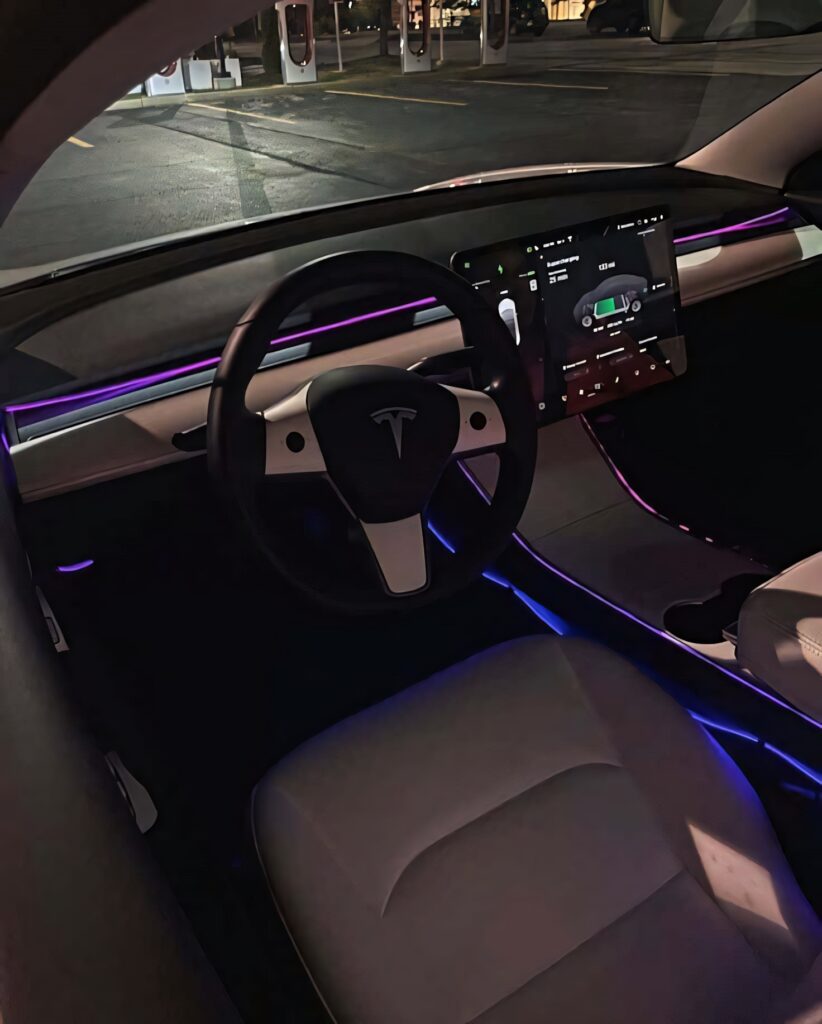 Modern Car Interior: Sleek Design with Ambient Lighting & Touchscreen Wallpaper