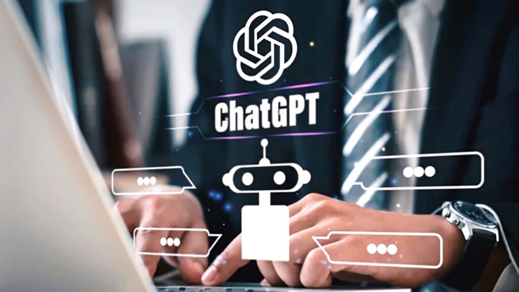 Professional in business suit typing laptop with ChatGPT logo digital chat bubbles tech wallpaper