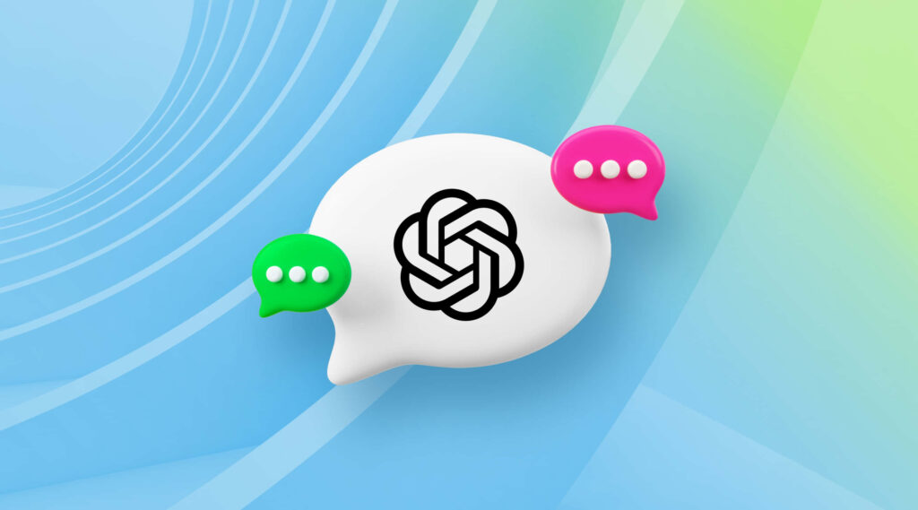 Modern ChatGPT wallpaper with OpenAI logo in white bubble and vibrant pink green chat bubbles