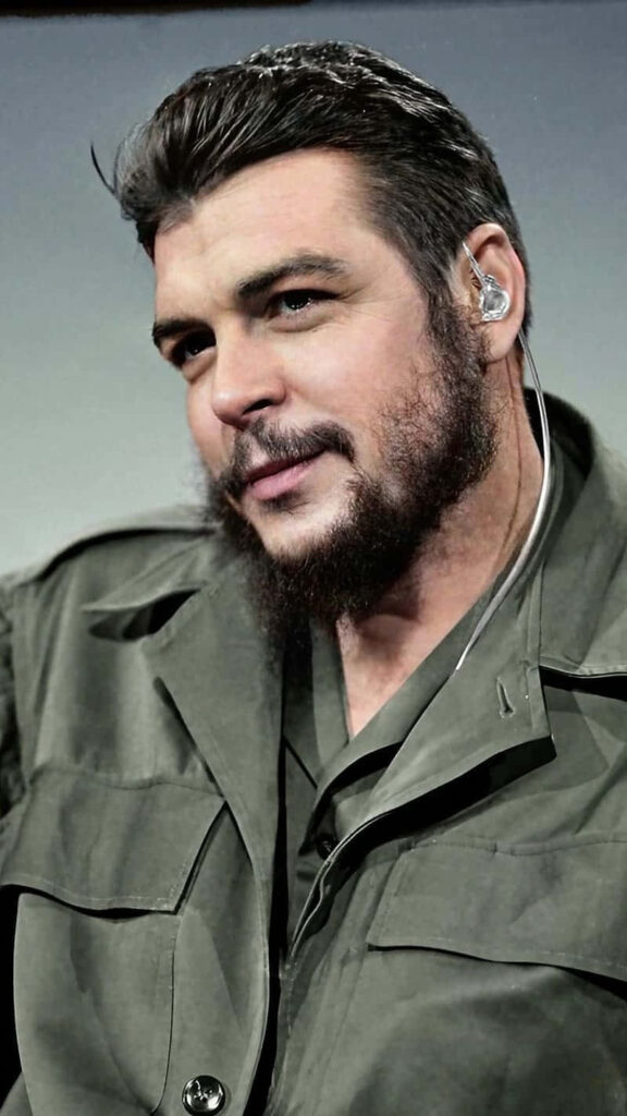 Modern Che Guevara portrait wallpaper with military jacket bold details confident expression