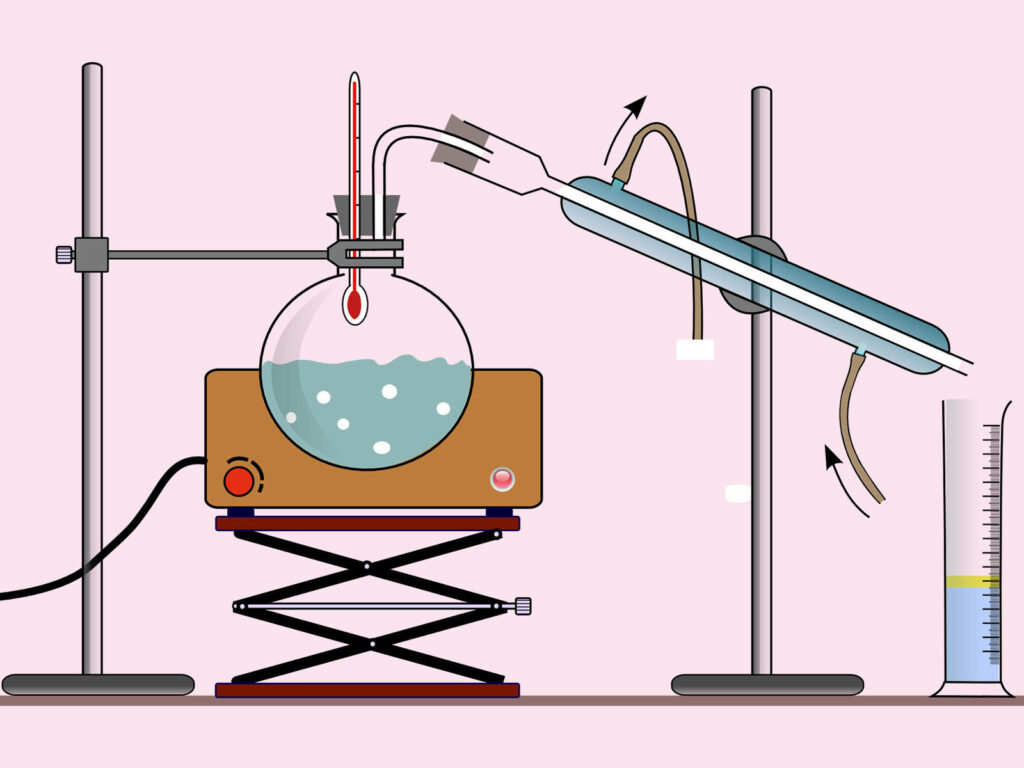 Chemistry wallpaper with digital distillation setup round-bottom flask condenser pink background