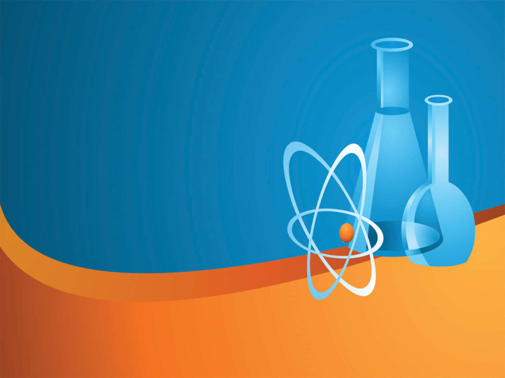 Stylized blue lab glassware with atomic model on vibrant blue and orange chemistry wallpaper background