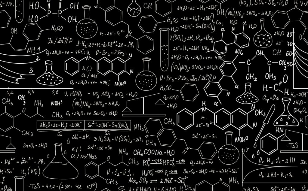 Black chemistry wallpaper with white molecular structures formulas and lab equipment sketches