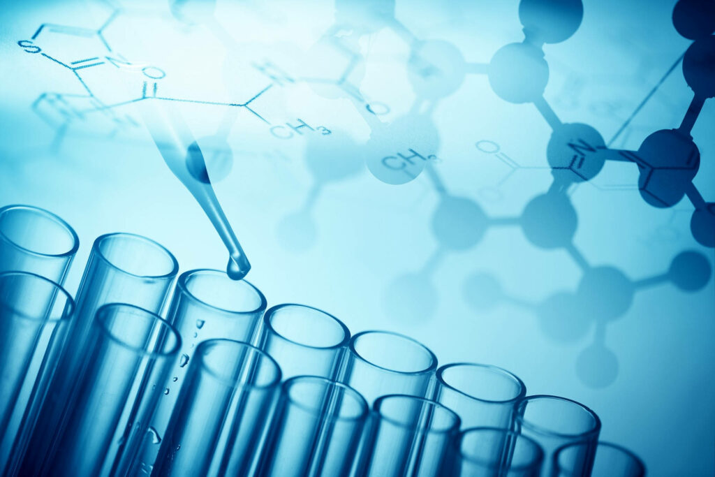 Transparent test tubes with pipette and molecular formulas blue chemistry research wallpaper background