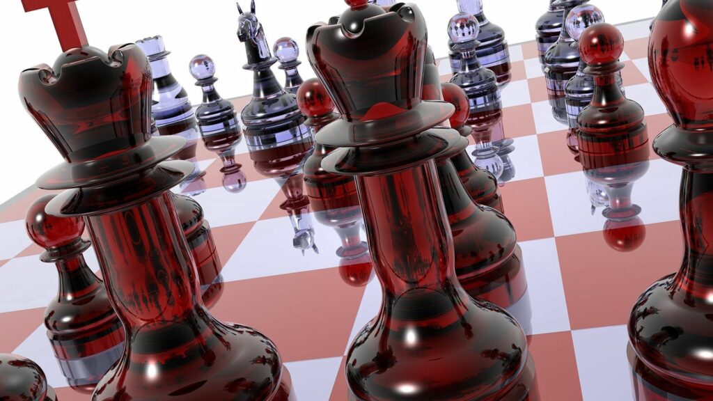 Modern Chess Board Wallpaper: Glass Pieces in Black & Deep Red Hues