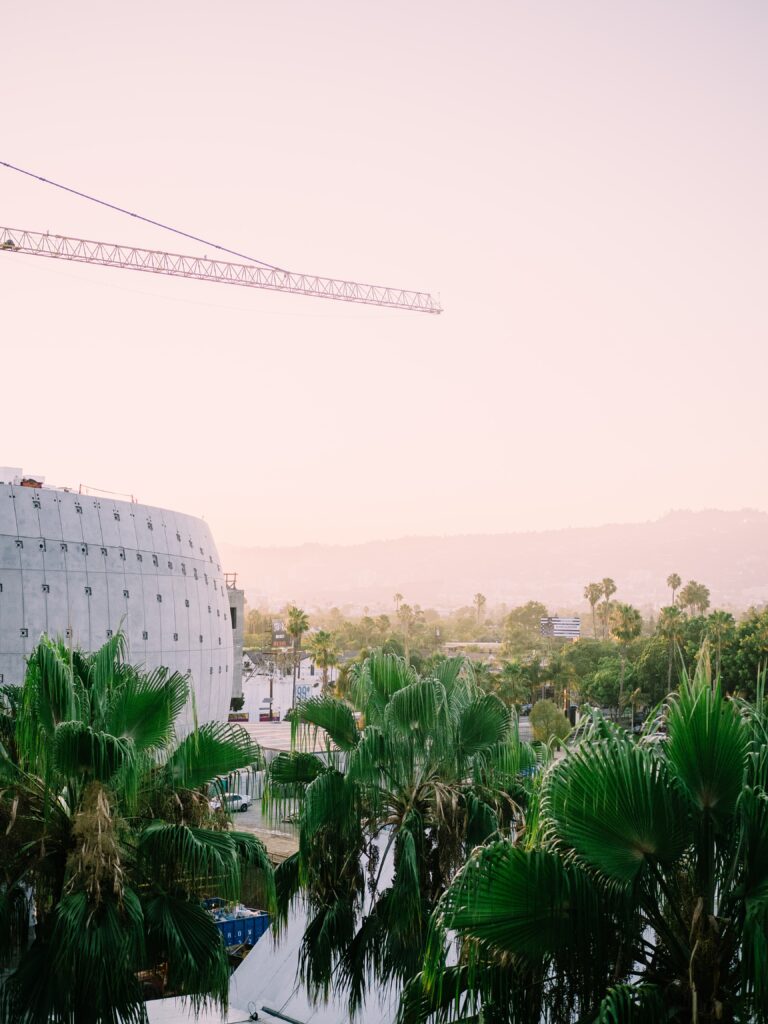 Modern Cityscape Wallpaper: Cylindrical Building & Tropical Vibes