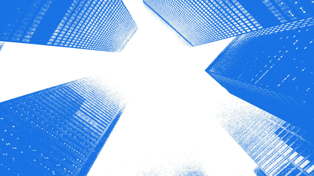 Modern Cityscape Wallpaper: Towering Skyscrapers in Abstract Blue & White