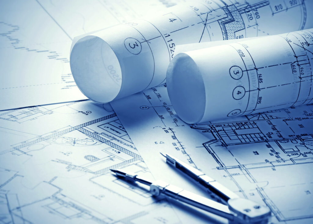 Civil engineering wallpaper with blue architectural blueprints rolled plans and metal compass design