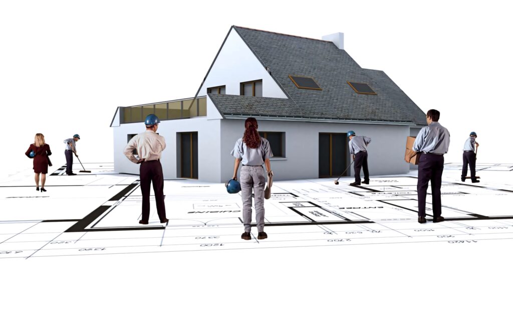 Civil engineers analyzing blueprints transforming into realistic house model construction teamwork Wallpaper