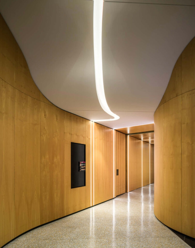 Modern corridor lighting with smooth wooden walls and curved ceiling inspired by Auckland Museum Wallpaper
