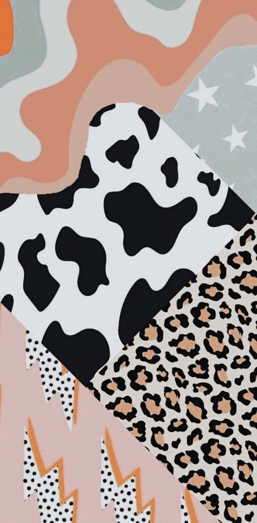 Modern collage wallpaper with cow print leopard spots stars and abstract wavy patterns in neutrals